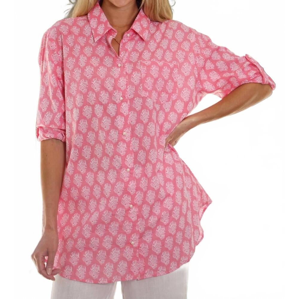 NEW JUST DARVINY boyfriend long sleeve button down shirt in bahama pink